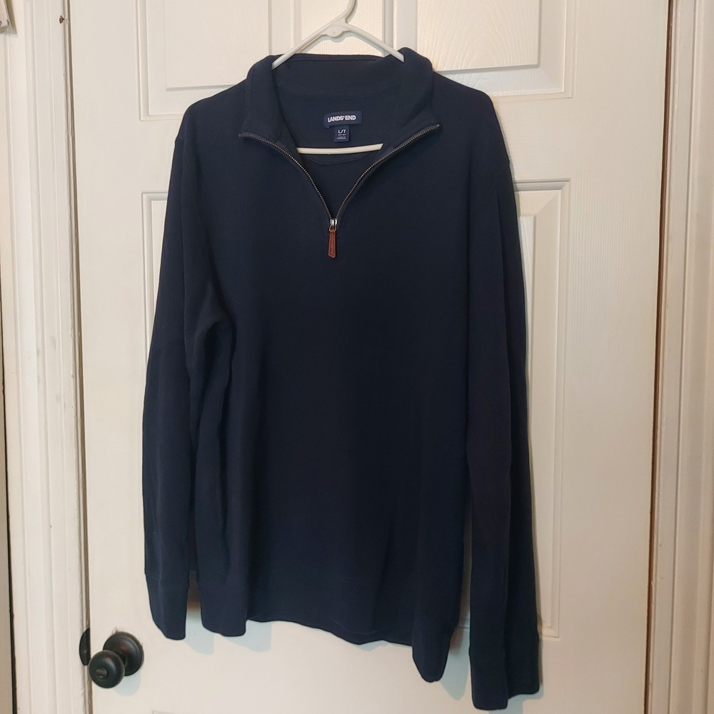 Lands End Mens Large Tall Navy Blue 100% Cotton Quarter Zip Pullover Sweater